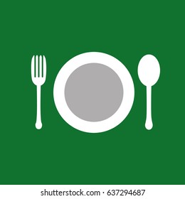 Plate, spoon, fork set icon. Vector. Flat design. White, grey, green.