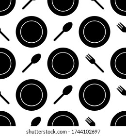 Plate With Spoon And Fork Silhouette Seamless Pattern