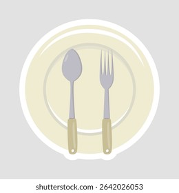 Plate with Spoon and Fork Sticker. Charming vector illustration sticker of a plate with a spoon and fork, ideal for dining, kitchen, and restaurant themes