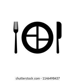 Plate, spoon and fork vector icon for the restaurant - vector icon black