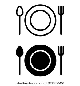 Plate, spoon and fork vector icon set. restaurant illustration sign collection. onboard food menu symbol.