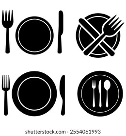 Plate, spoon and fork vector icon set. restaurant illustration sign collection. onboard food menu symbol.