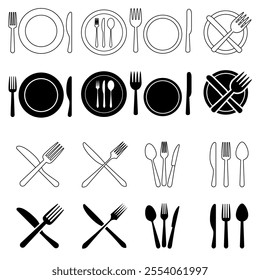 Plate, spoon and fork vector icon set. restaurant illustration sign collection. onboard food menu symbol.