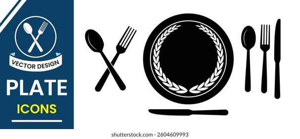 Plate, spoon, knife and fork Icon, vector illustration. Silhouette of Dinner dish, utensil plate  design with spoon and fork symbol, sign. Design Plate vector illustration.