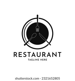 Plate with spoon, knife, and fork logo design concept