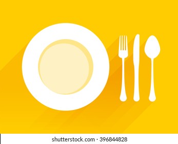 Plate with spoon knife fork on a yellow background