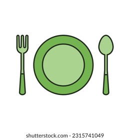 Icono vectorial de placa, cuchara y cuchillo. Icono plano de vajilla. Cena, utensilios, ambiente de mesa. El concepto de restaurante.