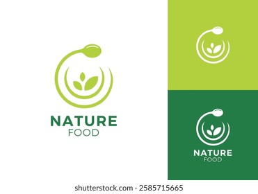 plate spoon and leaf logo. health restaurant food nature symbol vector design