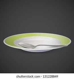 Plate and spoon on grey background. Vector design.