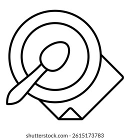 Plate and spoon on napkin thin line icon, serving food service concept. Vector graphics. Food dish sign on white background, style mobile or design