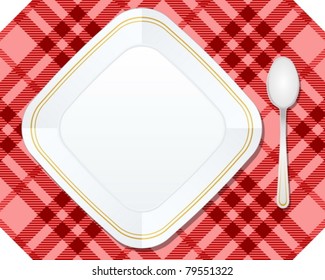 Plate and spoon on red tablecloth. Vector illustration.