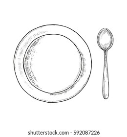 plate and spoon sketch. utensils vector vintage illustration