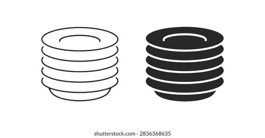 Plate stack icon set with kitchen tableware and dinnerware in outline and solid black vector styles