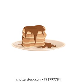 Plate with stack of lush fritters or pancakes covered with chocolate. Delicious breakfast concept. Colorful flat vector design for menu, flyer or poster