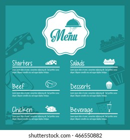 plate starters salads beef chicken dessert beverage menu restaurant kitchen icon. Colorfull illustration. Vector graphic