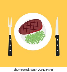 Plate with steak and green peas. Dinner. Dinner. Cutlery