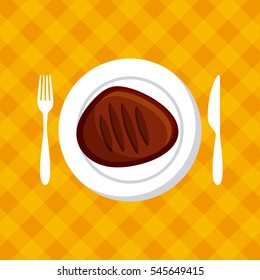 plate with steak of meat over yellow background. colorful design. vector illustration