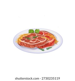 a plate of steak with vegetables without a background