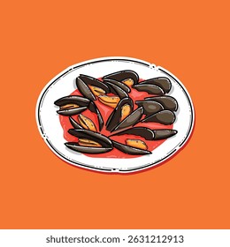 Plate of Steamed Mussels in Tomato Sauce on a Vibrant Orange Background. Creating a rich culinary appeal.