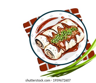 A plate of steamed rice noodle rolls or spring roll with sauce on top. Isolated asian food vector illustration on white background. 