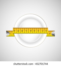 plate surrounded by tape measure, healthy life style, vector illustration