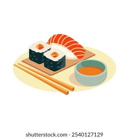 Un plato de sushi que consta de dos rollos de maki, nigiri, palillos y un tazón de salsa de soja.