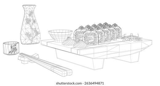 A plate of sushi with a small bowl of sauce and chopsticks. The plate is on a table with a vase in the background