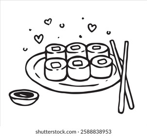 a plate of sushi, with soy sauce and chopsticks. vector doodle illustration.