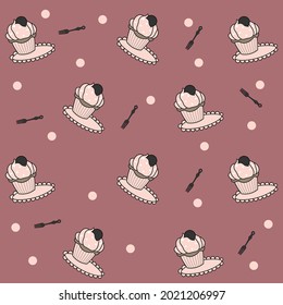 plate with sweet cupcake and fork on pink vector background. colorful design, vector illustration