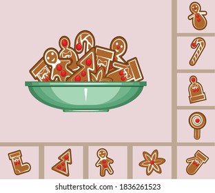 A plate with sweet gingerbread. New Year Christmas design element. 2021. Festive, shaped cookies. Color image of sweet gingerbread in a plate. Vertical position. Isolated object. Vector illustration.