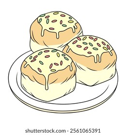 Plate of Sweet Glazed Buns with Colorful Sprinkles Illustration.