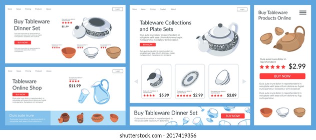 Plate, tableware store, landing banner set, vector illustration. Internet shop with kitchenware, dish concept, template web page collection. Online sale service with delivery, dinner products.