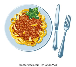 Plate tagliatelle pasta with bolognese sauce served with basil leaves. Italian food. Vector illustration in eps 10. Suitable for menu, recipe and cookbook 