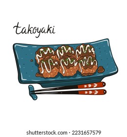 Plate with takoyaki and chopsticks isolate on white background. Vector graphics.