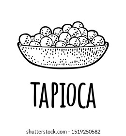 Plate with tapioca ball. Ingredients for bubble milk tea. Vector black vintage engraving illustration. Isolated on white background. Hand drawn design element for label and poster