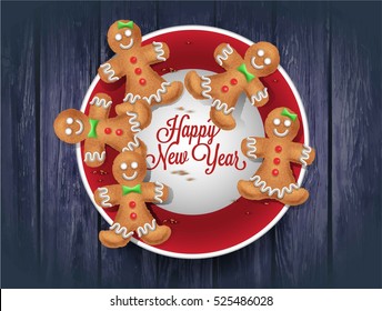 Plate with tasty Christmas cookies on wooden table. Vector illustration for new year s day, christmas, winter holiday, cooking, new year s eve, food, silvester, etc