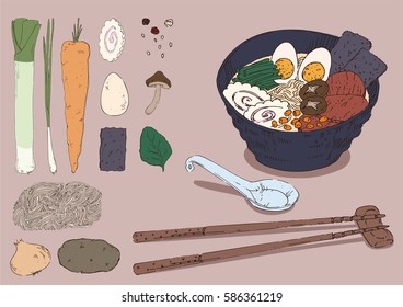 Plate of tasty egg noodles soup (ramen), with bouillon ingradients and and Japanese cutlery. With egg, meat, shiitake, corn, spinach, nori and narutomaki. On a colored background