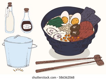 Plate of tasty egg noodles soup (ramen), with egg, meat, shiitake, corn, spinach and narutomaki 