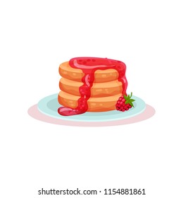 Plate of tasty pancakes with fresh raspberry jam. Delicious dessert. Sweet food. Flat vector for cafe menu or recipe book