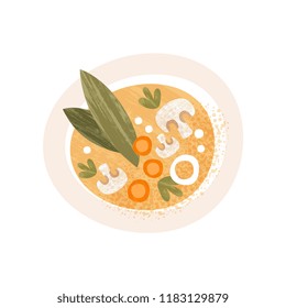 Plate of tasty soup with mushrooms and carrot, top view. Appetizing dish. Flat vector icon with texture