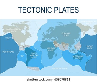 Plate tectonics. Earth's lithosphere. Scientific theory. Illustration shows Boundaries of Major (main) and minor plates.  Continental drift.