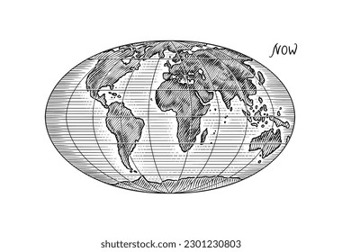 Plate tectonics on the planet Earth. Pangaea. Continental drift. Supercontinent. Hand drawn sketch for typography. Vintage engraving style.