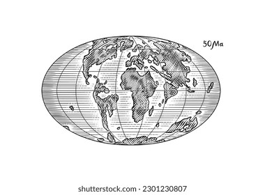 Plate tectonics on the planet Earth. Pangaea. Continental drift. Supercontinent at 50 Ma. Era of the dinosaurs. Jurassic period. Mesozoic. Hand drawn sketch for typography. Vintage engraving style.