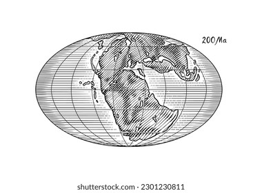 Plate tectonics on the planet Earth. Pangaea. Continental drift. Supercontinent at 200 Ma. Era of the dinosaurs. Jurassic period. Mesozoic. Hand drawn sketch for typography. Vintage engraving style.