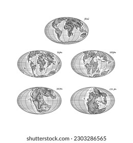 Plate tectonics on the planet Earth. Pangaea. Continental drift. Supercontinent at 250 Ma. Era of the dinosaurs. Jurassic period. Mesozoic. Hand drawn sketch for typography. Vintage engraving style.