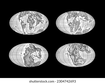 Plattentektonik auf dem Planeten Erde. Pangaea. Kontinentaldrift. Superkontinent bei 250 Ma. Ära der Dinosaurier. Jurassische Periode. Mesozoikum. Handgezeichnete Skizze für Typografie. Vintage Gravur Stil.