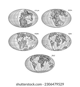Plate tectonics on the planet Earth. Pangaea. Continental drift. Supercontinent at 250 Ma. Era of the dinosaurs. Jurassic period. Mesozoic. Hand drawn sketch for typography. Vintage engraving style.
