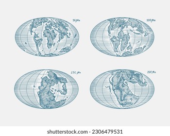 Plate tectonics on the planet Earth. Pangaea. Continental drift. Supercontinent at 250 Ma. Era of the dinosaurs. Jurassic period. Mesozoic. Hand drawn sketch for typography. Vintage engraving style.