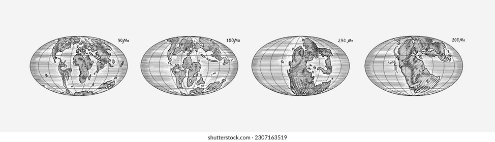 Plate tectonics on the planet Earth. Pangaea. Continental drift. Supercontinent at 250 Ma. Era of the dinosaurs. Jurassic period. Mesozoic. Hand drawn sketch for typography. Vintage engraving style.