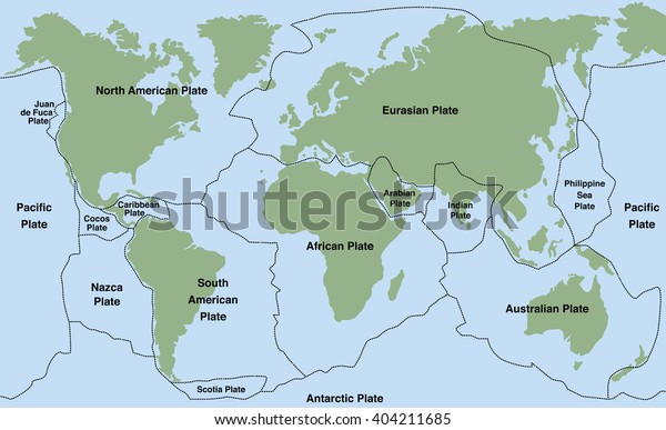 Plate tectonics - world map with major an\
minor plates. Vector\
illustration.